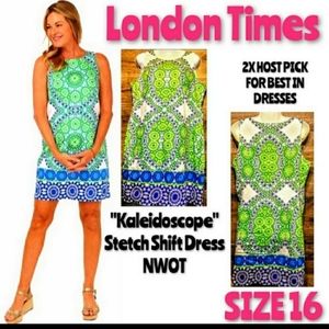 London Times Kaleidescape Midi Dress Size 16 Stretchy Shift NWOT